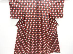 アンティーク　格子に枡模様織り出し銘仙着物